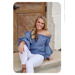 Beige by Eci Frayed Off Shoulder Striped Tiered Sleeve Top